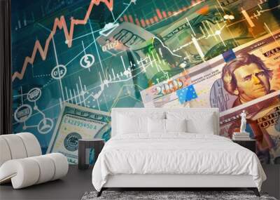 Global financial background with a stock chart, diverse banknotes, currency icons, and economic graphs, [stock chart, banknotes, currency], [global economy] Wall mural